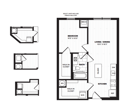 Floor plan for 1 bed, 1 bath, 648 sqft